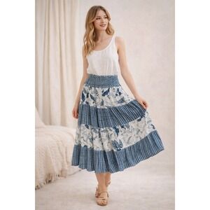 J Gee Blue Feather Print Tiered Gauze Patchwork Midi Skirt Smocked Boho Large